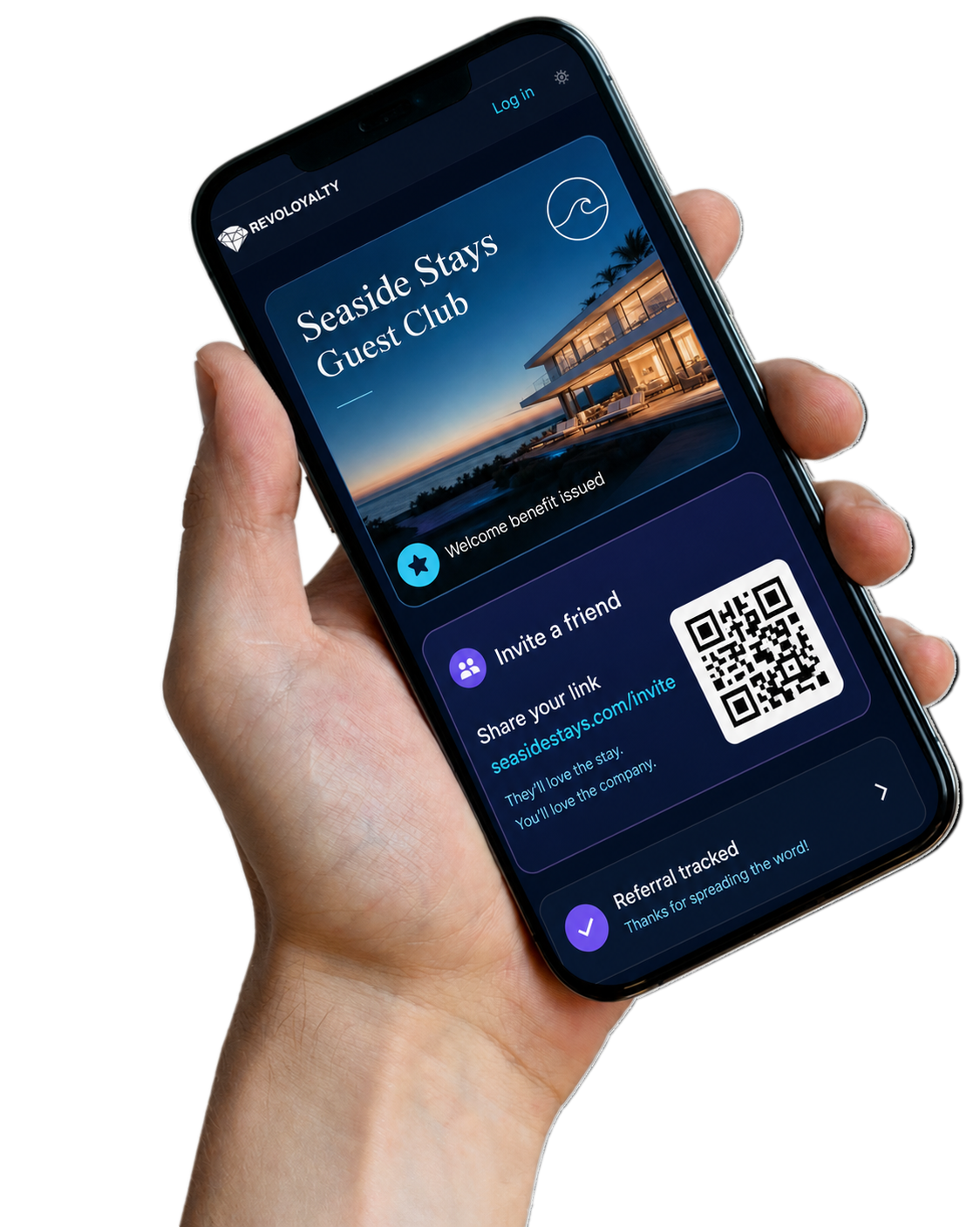 A branded Seaside Stays guest membership and referral card displayed on a phone